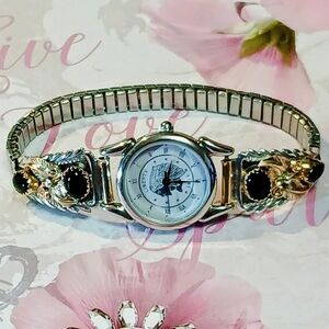 Native American Silver/Gold/Black Onyx Tips, Silver Liberty Watch, Stretch Band